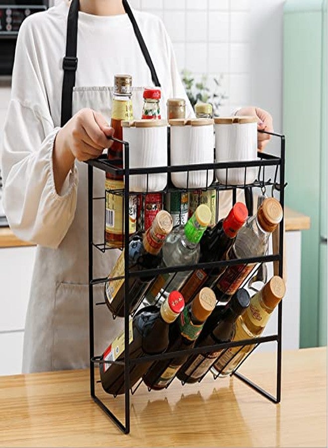 IKTU 3-Tier Seasoning Organizer Storage Counter Shelf/Rack with 2 Hooks for Large/Small Spice Jars Condiment Can Sauce Bottle (Black) - Image 2